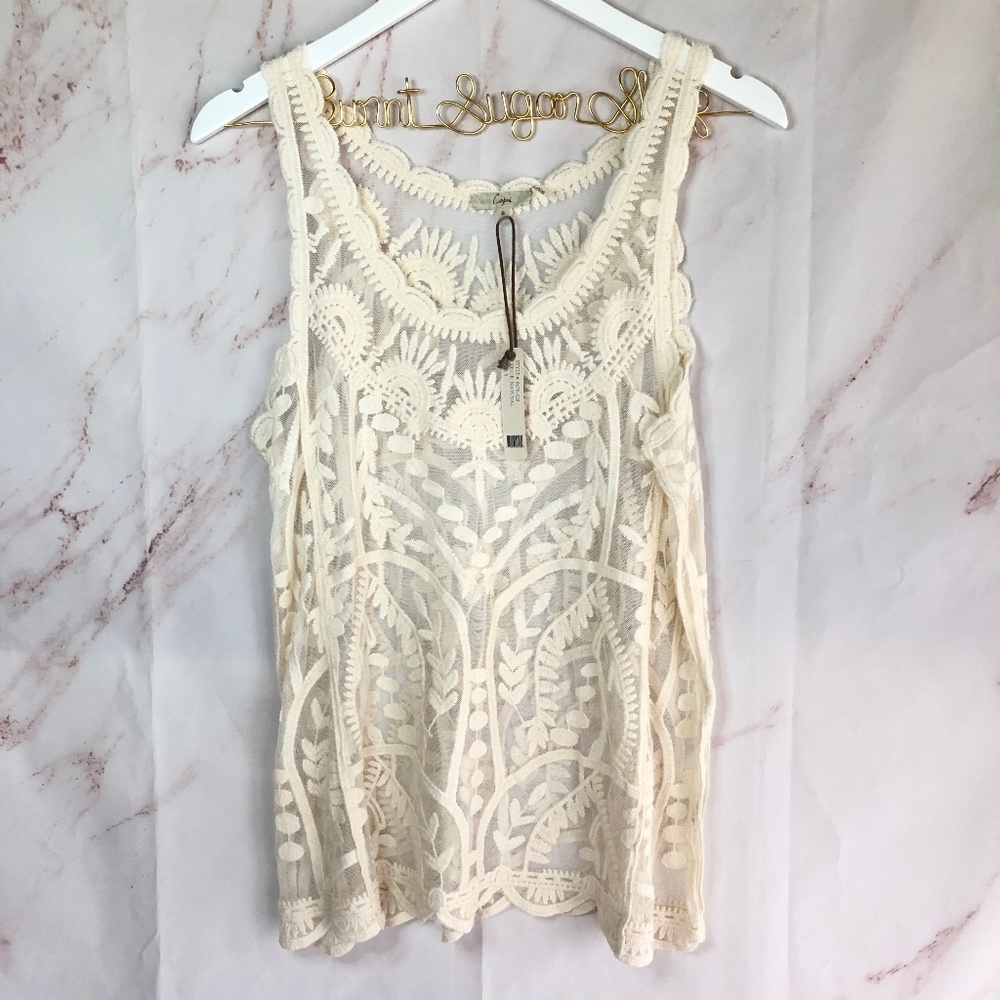 NWT Capri Sheer Embroidered Lace Tank top Cream